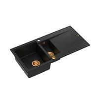 QUADRON Fregadero de granito | tamaño 50 x 100 x 21/16 cm, color: carbón puro + cobre | EVAN 156 fregadero de cocina de dos cubetas con escurridor | con orificio para grifo