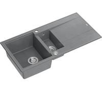 QUADRON fregadero de granito | tamaño 50 x 100 x 21/16 cm, color: Gris + Acero | EVAN 156 fregadero de cocina de dos cubetas con escurridor | con orificio para grifo