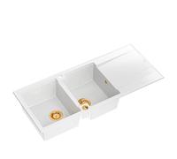 QUADRON fregadero doble cubeta blanco, EVAN 121 GraniteQ, fregadero de granito de 2 cubetas en 1160x500x210 mm, Push 2 Open fregadero con sifón y escurridor, elementos de cobre PVD