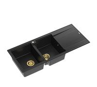 QUADRON fregadero doble cubeta Carbono Puro, EVAN 121 GraniteQ, fregadero de cocina de granito de 2 cubetas en 1160x500x210 mm, Push 2 Open fregadero con sifón con escurridor, elementos PVD oro