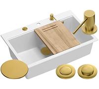 QUADRON Fregadero granito | tamaño 76 x 50 cm, color: blanco/dorado | MARC Set Incluye: tapa de acero, dosificador de jabón, tabla de cortar de madera, bandeja recogegotas de acero