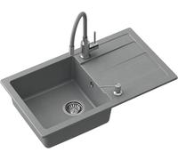 QUADRON Fregadero READY-MAX de granito para cocina de GraniteQ, 77x44x17,5 cm, gris, juego de fregadero de cocina de un seno: fregadero de granito + grifería de cocina + sifón + dispensador de jabón