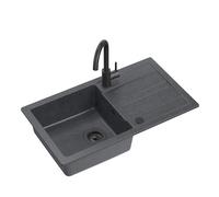 QUADRON GO MAX Fregadero de granito para cocina de granito, tamaño 77 x 44 x 17,6 cm, color negro, fregadero de granito para empotrar con grifo de cocina