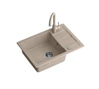 QUADRON Fregadero de granito | tamaño 62 x 44 x 17,5 cm Beige | GO SMART Fregadero de un seno | Fregadero encastrable con grifo de cocina | Fregadero de cocina fregadero moderno