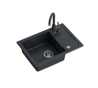 QUADRON Fregadero de cocina de granito | tamaño 62 x 44 x 17,5 cm negro | GO SMART Fregadero de un seno | Fregadero encastrable con grifo de cocina | fregadero moderno