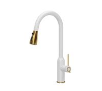 QUADRON grifo de cocina JESSICA Q LINE SteelQ, grifo mezclador 360°, función QFix, color: blanco, altura: 47 cm, parte superior: cerámica, acabado PVD dorado