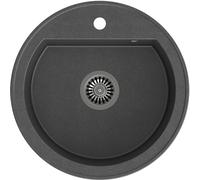 QUADRON fregadero de cocina redondo | tamaño 51 x 51 x 18 cm, diámetro 43, negro y acero | fregadero de granito JOHNNY 210 | fregadero empotrado con orificio para grifo | fregadero de un seno