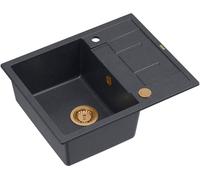 QUADRON fregadero de cocina negro fregadero de granito | tamaño 62 x 50 x 22 cm, color: negro y cobre | MORGAN 116 fregadero de un seno con escurridor | fregadero empotrado con agujero para grifo