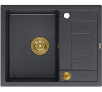 QUADRON fregadero de cocina negro fregadero de granito | tamaño 62 x 50 x 22 cm, color:Negro + Dorado | MORGAN 116 fregadero de un seno con escurridor | fregadero empotrado con agujero para grifo