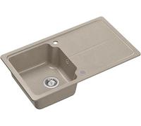 QUADRON NEAL 111 Fregadero de granito para cocina, tamaño: 86 x 50 x 20,5 cm, beige, fregadero de cocina de un seno, juego: fregadero de granito + sifón manual + tapa