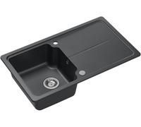 QUADRON NEAL 111 Fregadero de granito para cocina, tamaño: 86 x 50 x 20,5 cm, negro, fregadero de cocina de un seno, juego: fregadero de granito + sifón manual + tapa protectora