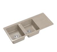 QUADRON NEAL 121 Fregadero de granito para cocina, tamaño: 116 x 50 x 20,5 cm, color: beige, fregadero de cocina de un seno, fregadero de cocina de dos senos, fregadero de dos cámaras con sifón manual