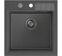 QUADRON fregadero de granito Fregadero negro | tamaño 50 x 52 x 20 cm, negro | PETER 110 fregadero de cocina de un seno | con sifón manual y tapón de rosca | con escurridor
