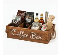 QUALLON Organizador de estación de café con pequeños separadores extraíbles, almacenamiento de accesorios de barra de café de madera para encimera, cesta de soporte para cápsulas de café Kcup con asa