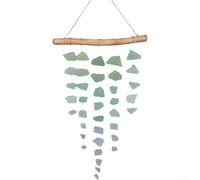 Qualoramall Carillón de viento de cristal marino hecho a mano con madera natural flotante de 46 cm, decoración bohemia de playa, cristal de mar bohemio y carillón de viento de madera flotante para