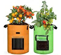 Qualoramall Paquete de 2 bolsas de cultivo de fieltro transpirable con doble cara para una fácil cosecha e inspección de raíces, macetas verdes y naranjas para papas, tomates, zanahorias, 7-10 gas