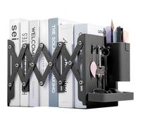Qualsen Sujetalibros, Sujetalibros telescópicos de Metal, Sujeta Libros Antideslizantes con Portalápices, Ganchos, Bandejas Pequeñas, para Estanterías, Oficinas, Escuelas (Negro)