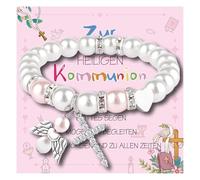 QUANMAITONG Regalos de comunión para niñas pulsera cruzada,Primera Comunión Regalo para Chicas,Pulsera Ángel de la Guarda, regalo genial para comunión, Eine Grösse, Resina, Perla