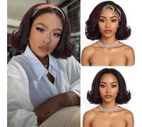 Quantum Love Media peluca Yaki para mujeres negras, con diadema rizada, media peluca con extremos rizados, para usar y usar, mezcla de color negro, pelo sintético, sin pegamento, 10 pulgadas