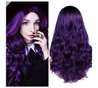 Quantum Love Peluca de color morado degradado, larga, rizada, ondulada, color morado para mujer, color negro a violeta, 2 tonos, raíces oscuras, parte media, aspecto natural, peluca de fibra sintética