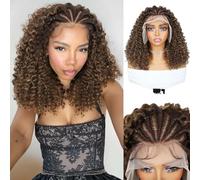 Quantum Love Peluca trenzada para mujeres afroamericanas, color marrón degradado, trenzas rubias, pelucas rizadas de encaje de 16 pulgadas, pelucas sintéticas sin pegamento