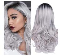 Quantum Love Pelucas de color gris degradado para mujer, peluca larga ondulada con raya en el medio, peluca larga y rizada, peluca sintética para fiesta diaria
