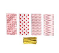 QUARKZMAN 100pcs Bolsas de Celofán, Bolsas Estampadas de Regalo Transparente con 110pcs Lazos Bolsas de Galletas Dulces Aperitivos para Fiestas Bodas Cumpleaños, Rojo, 4 Formas Cada 25pcs