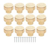QUARKZMAN 12 Pack Tiradores De Cajón De Ratán, 1.38" Tiradores De Cajón Redondos De Madera De Haya Tejidos A Mano Con Tornillos Para Muebles Armario Alacena, Blanco