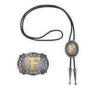 QUARKZMAN 2 Pcs Western Cowboy Bolo Tie And Belt Buckle Set Golden Initial Letter F Cowhide Rope Necktie For Women Men Costume Traditional Vintage Accessories, Grey Black/Gold