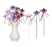 QUARKZMAN 24 Pcs Toppers Para Magdalenas De Estrella Del 4 De Julio 8" Palitos Brillantes De Espuma Con Flores Y Lazo Para Manualidades De Fiestas Decoración (Blanco/Azul Marino/Rojo)