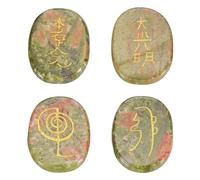 QUARKZMAN 4 Piezas De Piedras De Chakra Grabadas Con Símbolos Reiki, Piedras De Chakra De 7 Cristales De Sanación Reiki De Jaspe Verde Piedras Preciosas Piedras Pulidas Para Palma