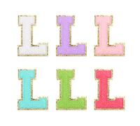 QUARKZMAN 6 letras para planchar, letras autoadhesivas de chenilla L con borde dorado brillante, parche bordado para planchar para ropa, bolso, ordenador portátil, teléfono móvil