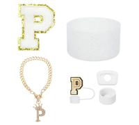 QUARKZMAN 6 Piezas Set De Accesorios Para Taza Con Asa, Incluye Cubierta De Silicona Para Pajita, Protector De Base, Tapón Antiderrames, Calcomanía De Iniciales (Letra P, Blanco)