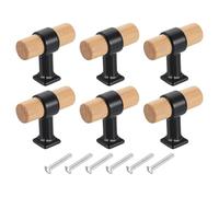 QUARKZMAN 6Pcs Tiradores De Cajón De Madera En Forma De T, 1.57" x 0.69" Tiradores De Gabinete De Madera Con Base Negra Y Tornillos Para Cocina, Armario, Alacena, Haya