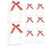 QUARKZMAN 8 Piezas Bolsas De Regalo De Plástico Transparente Con Asas 7" x 10" x 3.15" Bolsa De Regalo Reutilizable De PP Con Cinta Para Bodas Matrimonios Fiestas (Blanco Cinta Roja)