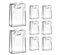QUARKZMAN 8 Piezas Bolsas De Regalo Transparentes De Plástico Con Asas 7" x 10" x 3.15" Bolsa De Regalo Reutilizable De PP Con Cinta Para Bodas Matrimonios (Negro Cinta Blanca)