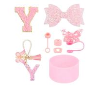 QUARKZMAN 8Pcs Juego De Accesorios Para Tazas Con Asa Incluye Cubierta De Silicona Para Pajita Funda Protectora Tapón Antiderrame Charm Para Asa Calcomanía Con Iniciales (Letra Y Rosa)