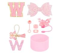 QUARKZMAN 8Pcs Juego De Accesorios Para Tazas Con Asa Incluye Cubierta De Silicona Para Popote Bota Tapón Antiderrames Colgante Para Asa Calcomanía Con Iniciales Letra W Rosa