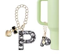 QUARKZMAN Dije De Letra Para Stanley Tumbler Cup, Accesorio De Letra P Inicial Con Lazo De Corazón Y Rhinestones Brillantes Para Vasos O Tazas Con Asa Para Mujeres, Negro | Negro | 3.9 x