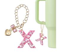 QUARKZMAN Dije De Letra Para Stanley Tumbler Cup, Accesorios De Dije De Letra X Con Corazón Y Lazo Con Rhinestones Brillantes Para Tumbler O Tazas Con Asa Para Mujeres, Rosa | Rosa | 4 x