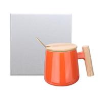 QUARKZMAN Juego de Tazas de Café de Cerámica 12.85 Oz con Asa de Madera Simple Taza de Té Grande Hechas A Mano en Caja de Regalo con Tapa y Cuchara para Oficina Cocina Hogar, Naranja