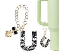 QUARKZMAN Letra Decorativa Para Stanley Tumbler Cup, Accesorio Con Letra U Inicial Con Corazón Y Lazo De Cristales Para Tazas Con Asa O Botellas De Agua Para Mujeres, Negro | Negro | 3.9 x