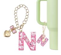 QUARKZMAN Letrero De Colgante Para Taza Stanley, Accesorios De Letra N Inicial Con Lazo Corazón Y Rhinestones Brillantes Para Tazas O Otras Botellas Con Asa Para Mujeres, Rosa