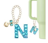 QUARKZMAN Letrero Decorativo Para Stanley Tumbler Cup, Accesorio Con Letra N En Forma De Corazón Y Lazo De Estrás Para Tazas Con Asa O Otras Botellas De Agua Para Mujeres, Azul | Azul |