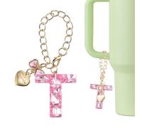 QUARKZMAN Letrero Decorativo Para Stanley Tumbler Cup, Accesorio De Letra T Con Corazón Y Moño De Estrás Para Tazas Con Asa O Otras Tazas De Agua Para Mujeres, Rosa | Rosa | 3.9 x 3.7 cm
