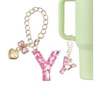 QUARKZMAN Letrero Decorativo Para Stanley Tumbler Cup, Accesorio De Letra Y Con Lazo De Corazón Y Cristales Para Tazas O Vasos Con Asa Para Mujeres, Rosa | Rosa | Pequeño