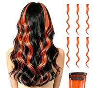 QUARKZMAN QUARKZMAN Extensiones De Cabello De Clip De Colores 55cm Naranja 6 Piezas|Extensiones Rizadas Y Onduladas Para Mujeres Y Niñas Mechas Peluca Sintética Para Fiestas Cosplay Y