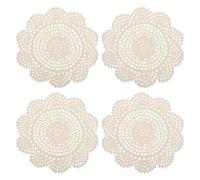 QUARKZMAN Tela Posavasos, 4uds 8" - Algodón Tejido Crochet Tapetes, Encaje Bordado Copa Alfombra con Floral Patrón para Boda Fiesta Decoración (Beige)