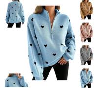 Quarter Zip Pullover Heart Sweater,Women Heart Pattern Half-Zip Knit Top | Heart Sweater for Women,Loose Cute Fall Winter Outfit,Casual Pullover,Stand Collar Drop Shoulder Long Sleeve Comfy Sweaters