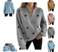 Quarter Zip Pullover Heart Sweater,Women Heart Pattern Half-Zip Knit Top | Heart Sweater for Women,Loose Cute Fall Winter Outfit,Casual Pullover,Stand Collar Drop Shoulder Long Sleeve Comfy Sweaters
